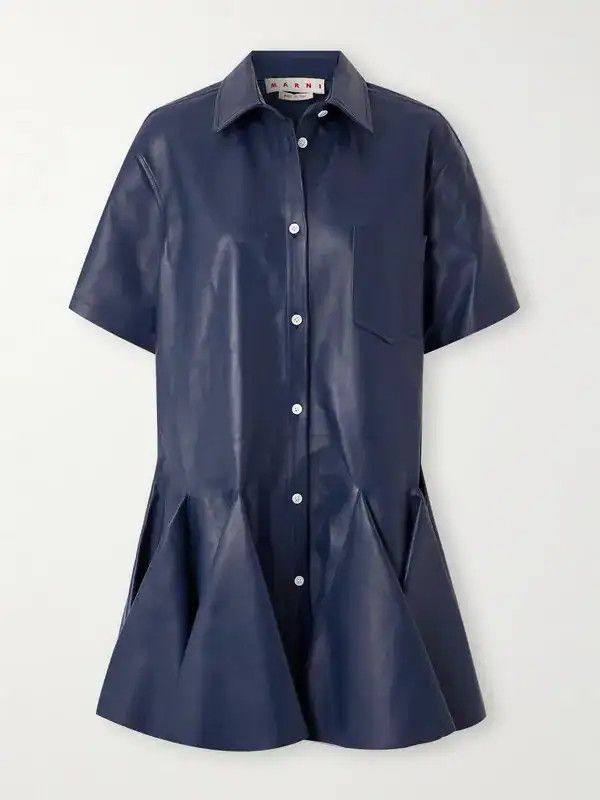 Marni o1w1db10426 Pleated Leather Mini Shirt Dress in Blue Size S / US 4 / IT 40 - 1 Thumbnail