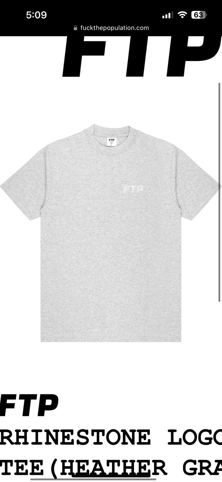 Fuck The Population FTP Rhinestone Logo Tee XL Heather Grey Size US XL / EU 56 / 4 - 6 Thumbnail