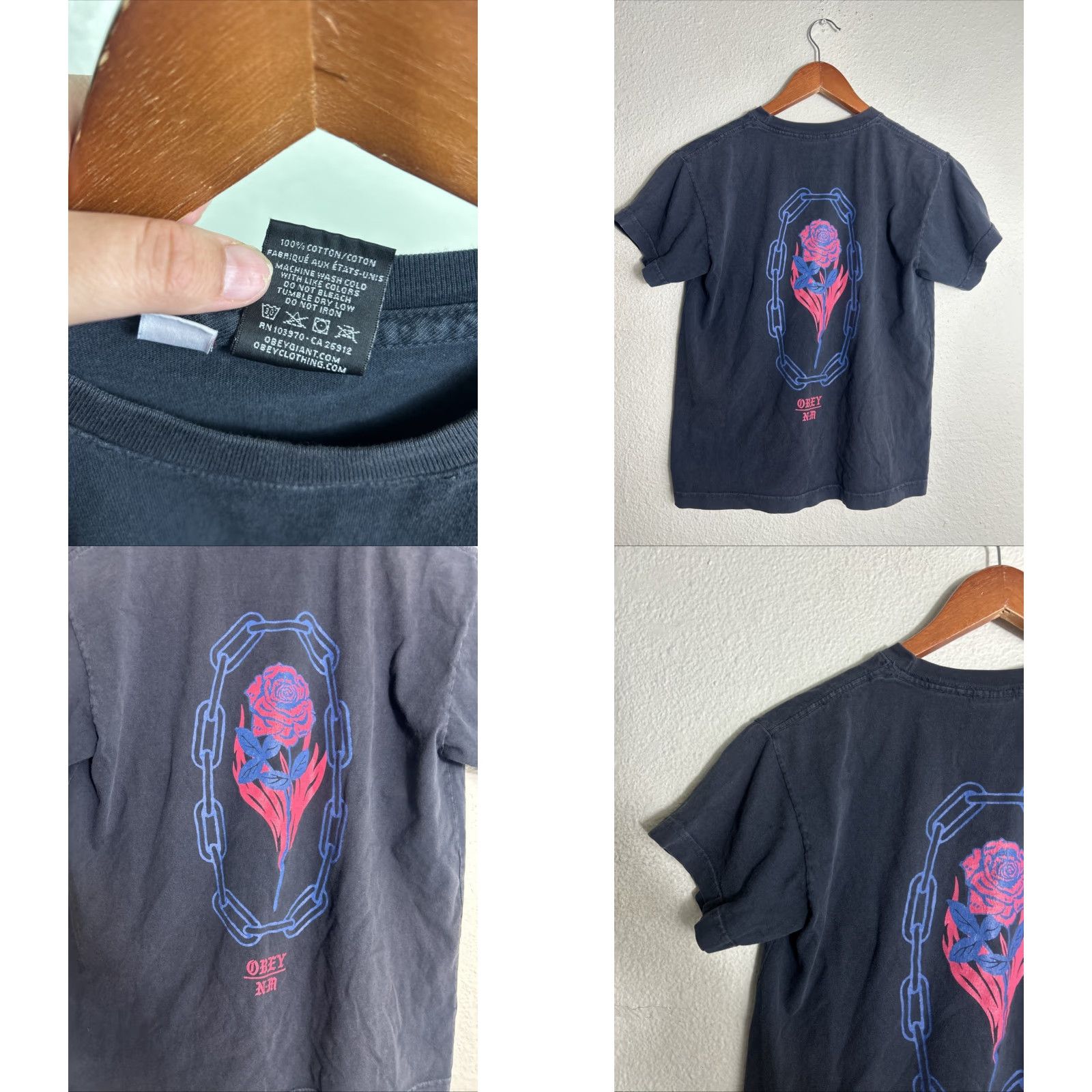 Obey VINTAGE Obey X Never Made Mens Small Black Rosette T Shirt Stained Size US S / EU 44-46 / 1 - 8 Thumbnail