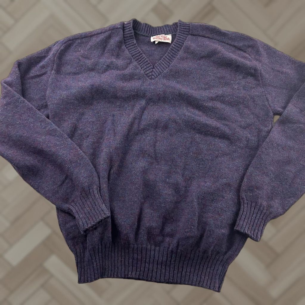 Vintage VINTAGE Fall River Knitting Mills USA Wool Blend V Neck Sweater Men XL Purple Shirt Wool Knit Pullover 80s? Size US XL / EU 56 / 4 - 1 Thumbnail