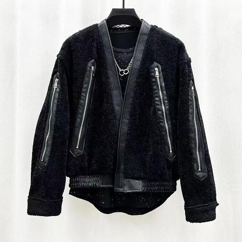 image of Vintage Black Patchwork Zipper Design Cardigan Jacket, Men's (Size Large)