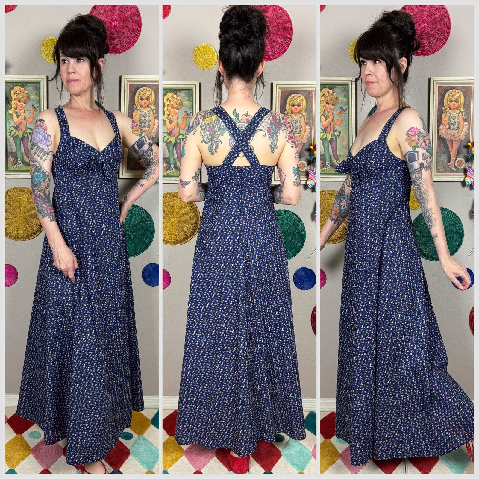 Vintage 1970s Blue Calico Print Crisscross Back Maxi Sundress Size XS / US 0-2 / IT 36-38 - 2 Thumbnail