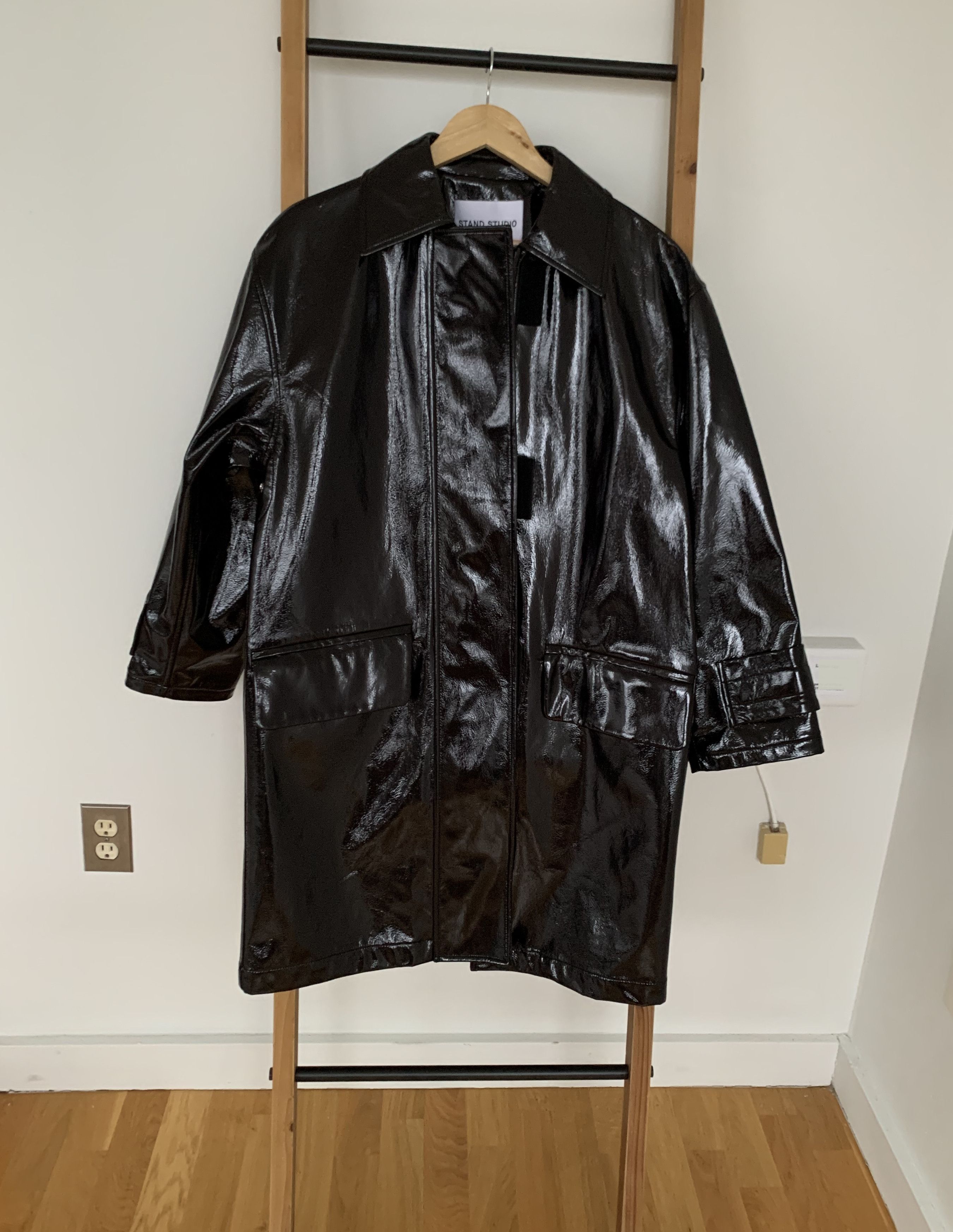 image of Stand Studio Conni Faux Patent Leather Coat in Black, Women's (Size 2XS)