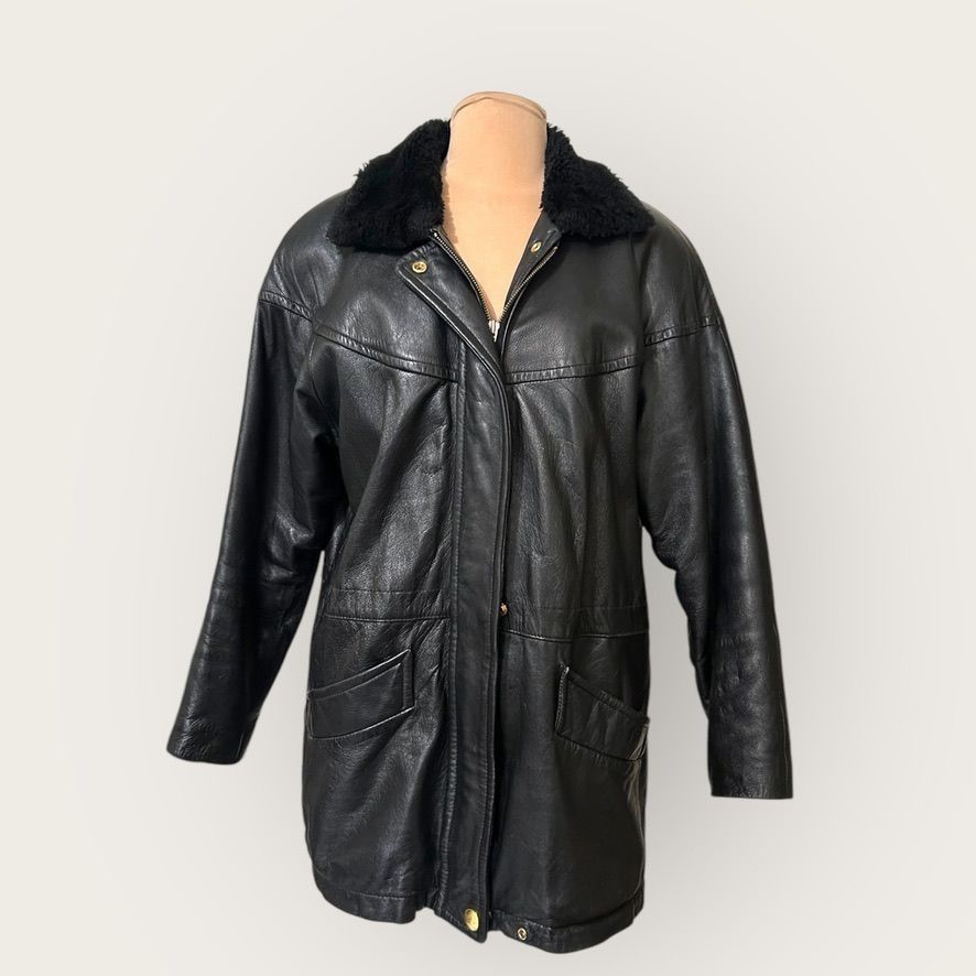 Vintage 90s Shearling Coat Black Brown Cream 12 14 16