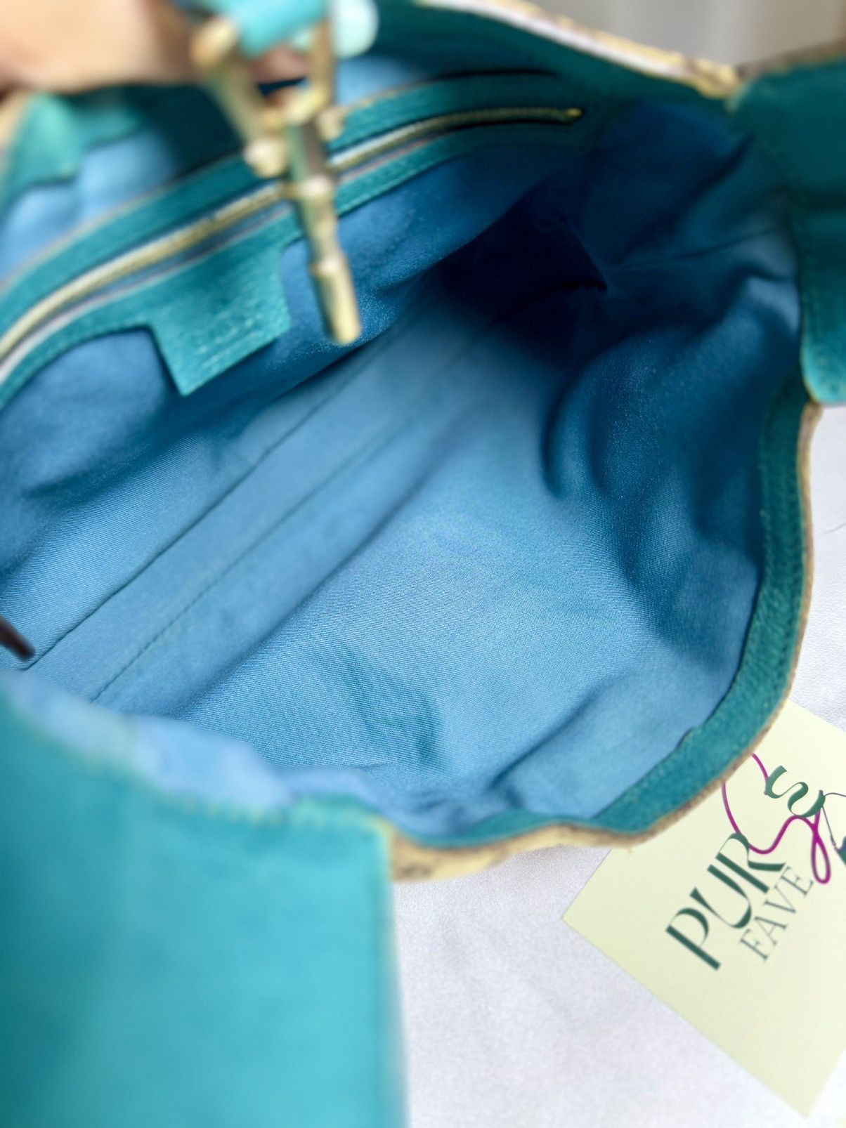 Gucci Authentic GUCCI Jackie 1961 Beige Canvas x Teal Hobo Bag Size ONE SIZE - 6 Thumbnail