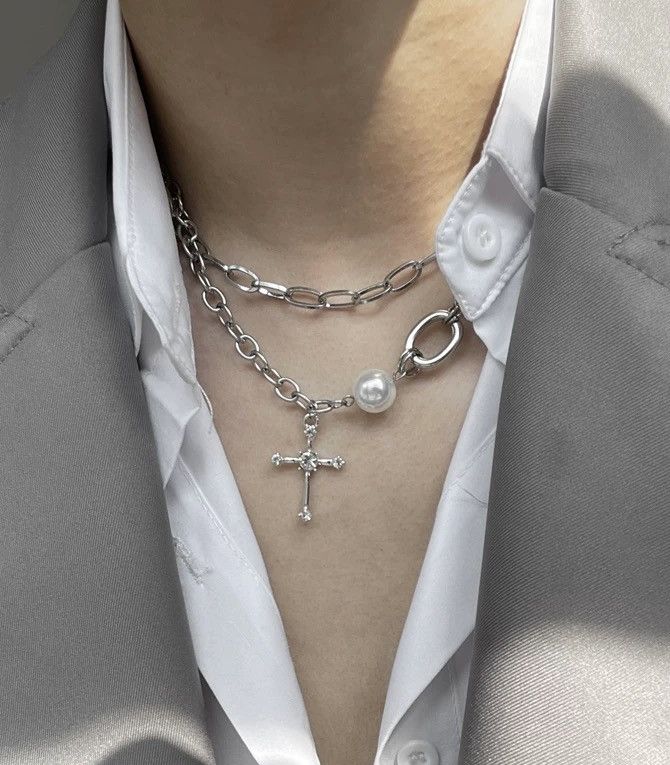 Japanese Brand × Jewelry Fashion punk pearl cross chain layered choker necklace Size ONE SIZE - 1 Thumbnail