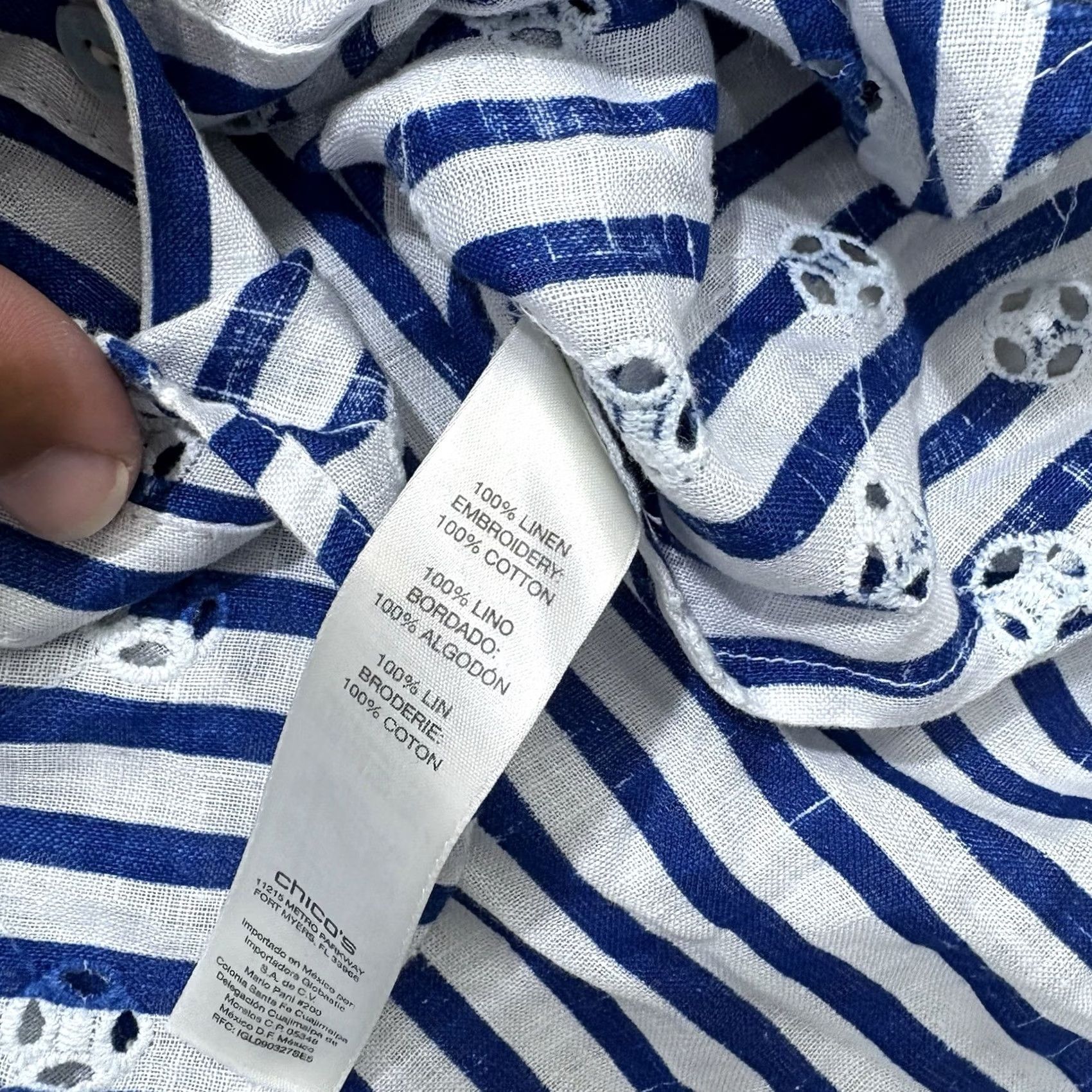 Vintage Chico's Button-Up Linen Blue & White Stripe Eyelet Embroidered Top, Size S, 3/4 Sleeve, Collared, Lightweight, Breathable, Regular Fit, Women Size S / US 4 / IT 40 - 3 Thumbnail