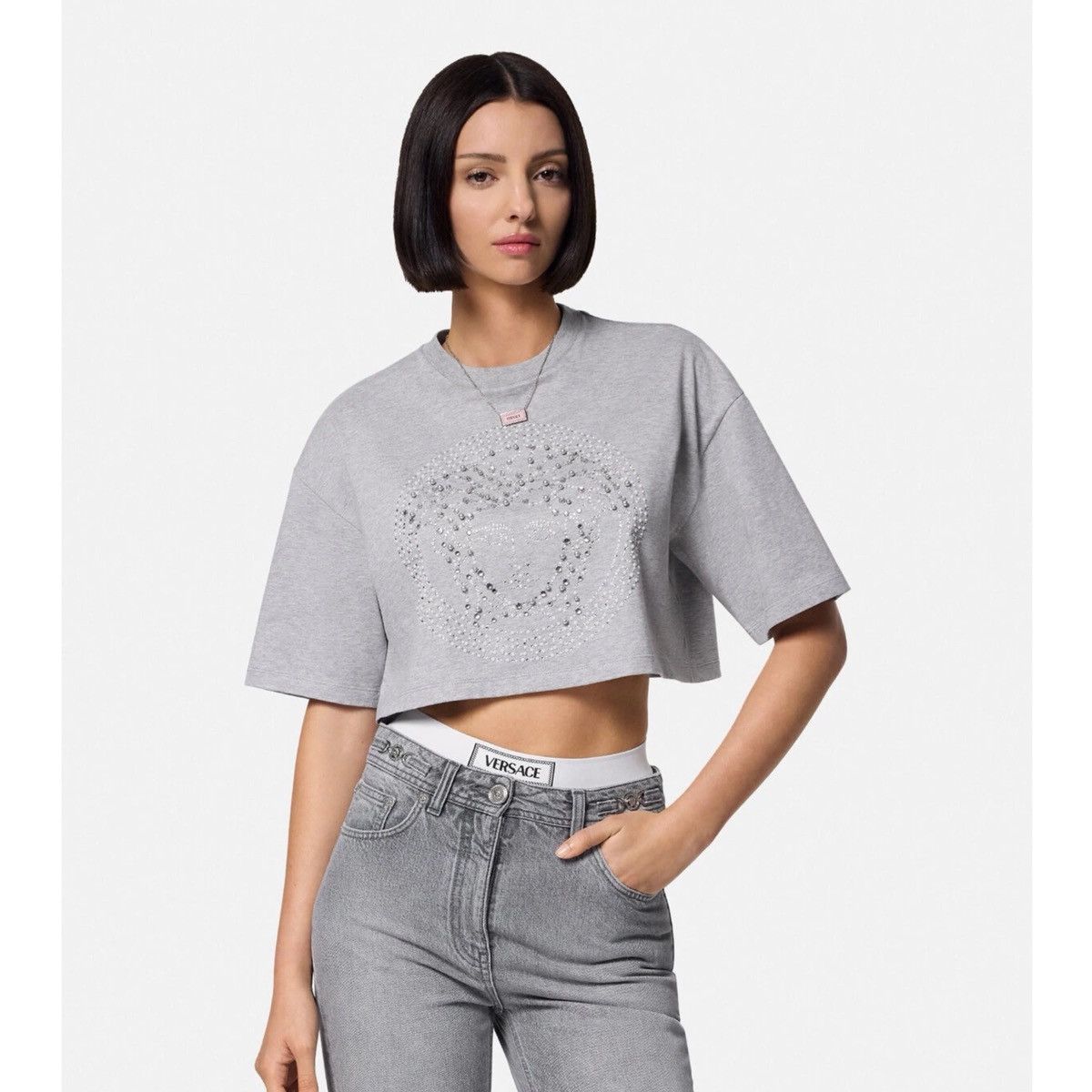 Versace Versace Crystal Medusa Crop Boxy T-Shirt Tee Top Gray IT 40 Size S / US 4 / IT 40 - 2 Thumbnail
