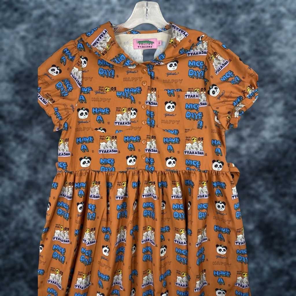 Vintage VINTAGE Tyakasha Dress Panda Print Asian Streetwear Graphic Chiffon Midi A-Line Tunic Short Sleeve Collared Button Embroidered Orange Women S Size S / US 4 / IT 40 - 1 Thumbnail