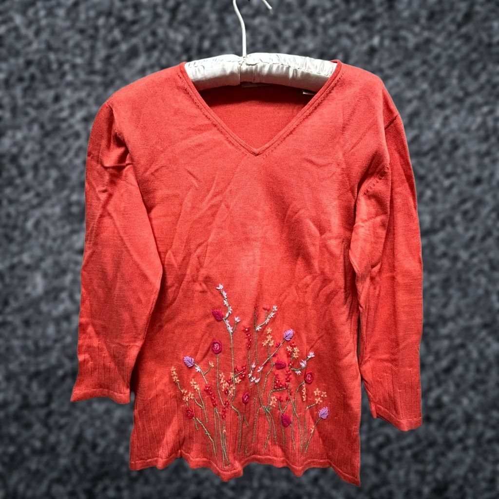 Lord & Taylor LORD & TAYLOR Women's Orange Floral Embroidered Sweater Medium V-Neck Pullover Size M / US 6-8 / IT 42-44 - 1 Thumbnail