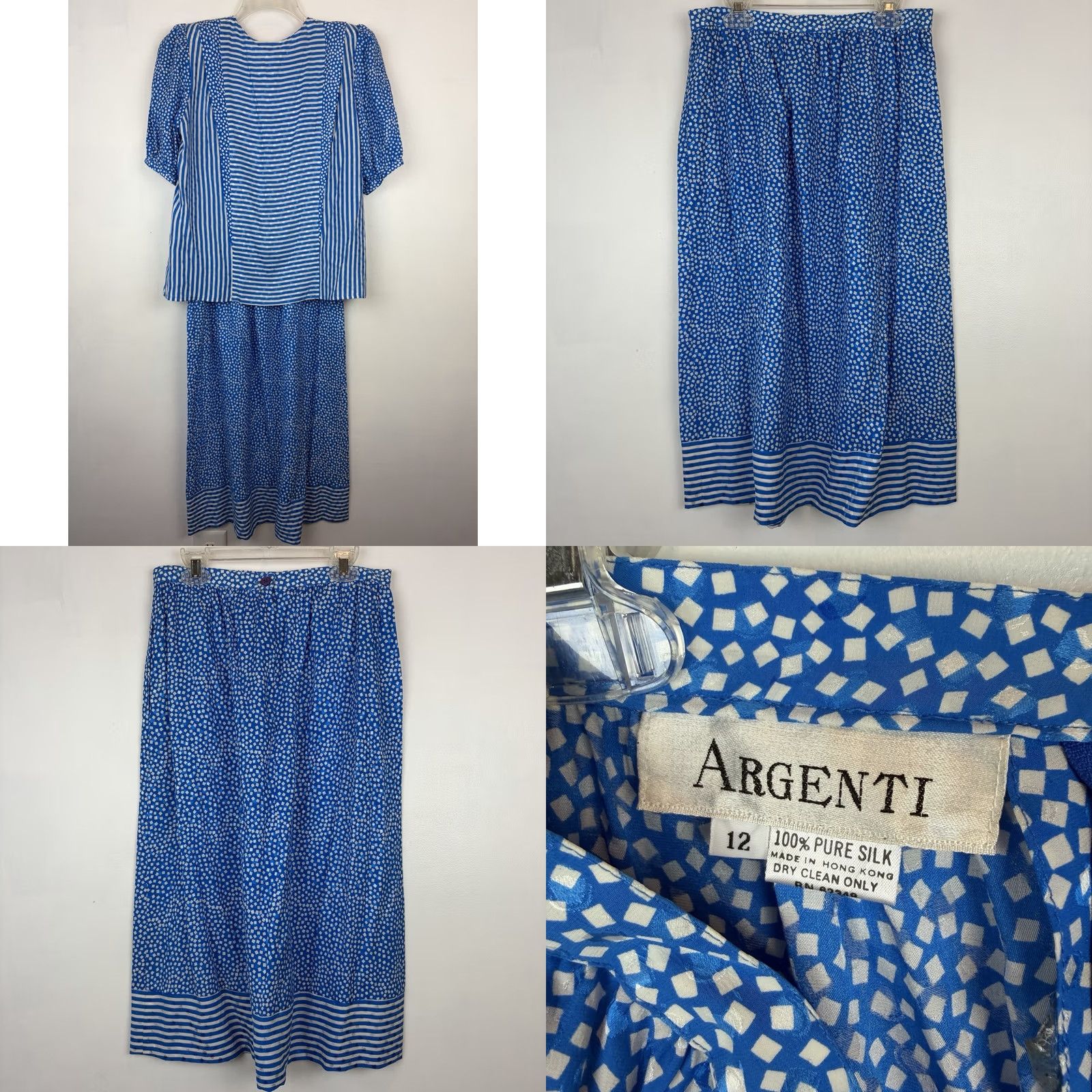 Vintage VINTAGE Argenti Silk Set Skirt Blouse 2 Piece Womens 12 Blue 100% Silk Career Set Read Size XL / US 12-14 / IT 48-50 - 9 Thumbnail