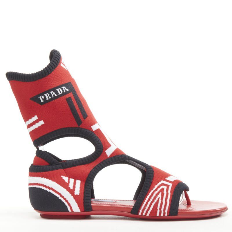 Prada PRADA red black white stretch sock knit thong flat sandals EU35.5 Size US 5.5 / IT 35.5 - 1 Thumbnail