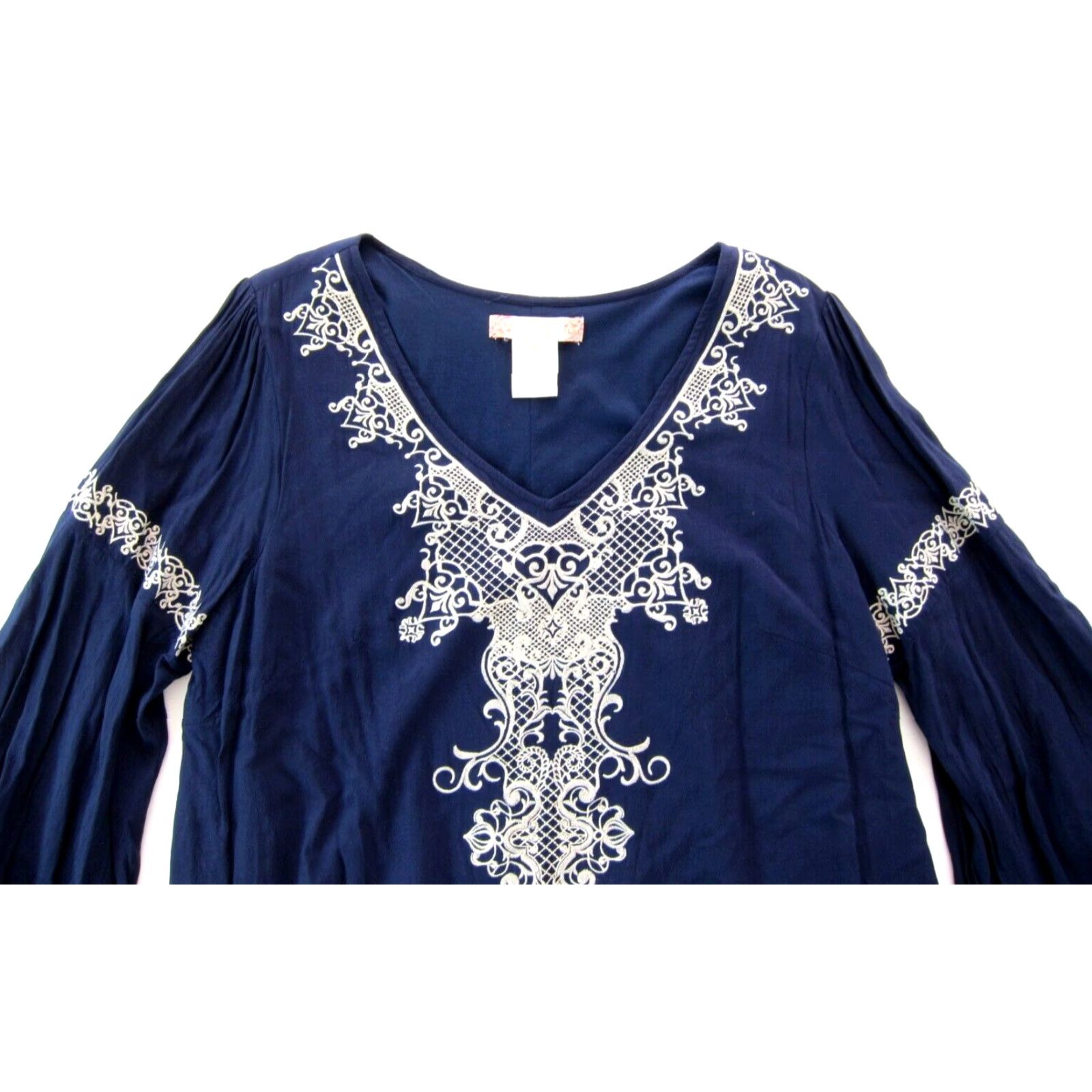 Vintage VINTAGE Flying Tomato 100% Rayon Navy Blue Ivory Embroidered Long Sleeve Tunic Dress 1X Size XL / US 12-14 / IT 48-50 - 4 Thumbnail
