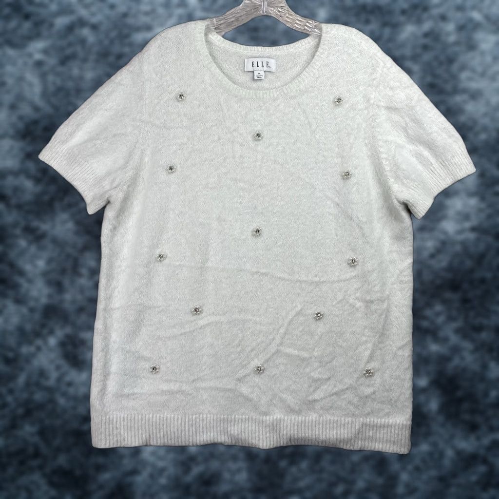Vintage VINTAGE ELLE Womens Sweater XX L White Fuzzy Beaded Short Sleeve Soft Grannycore Wimsy Size XXL / US 16-18 / IT 52-54 - 1 Thumbnail