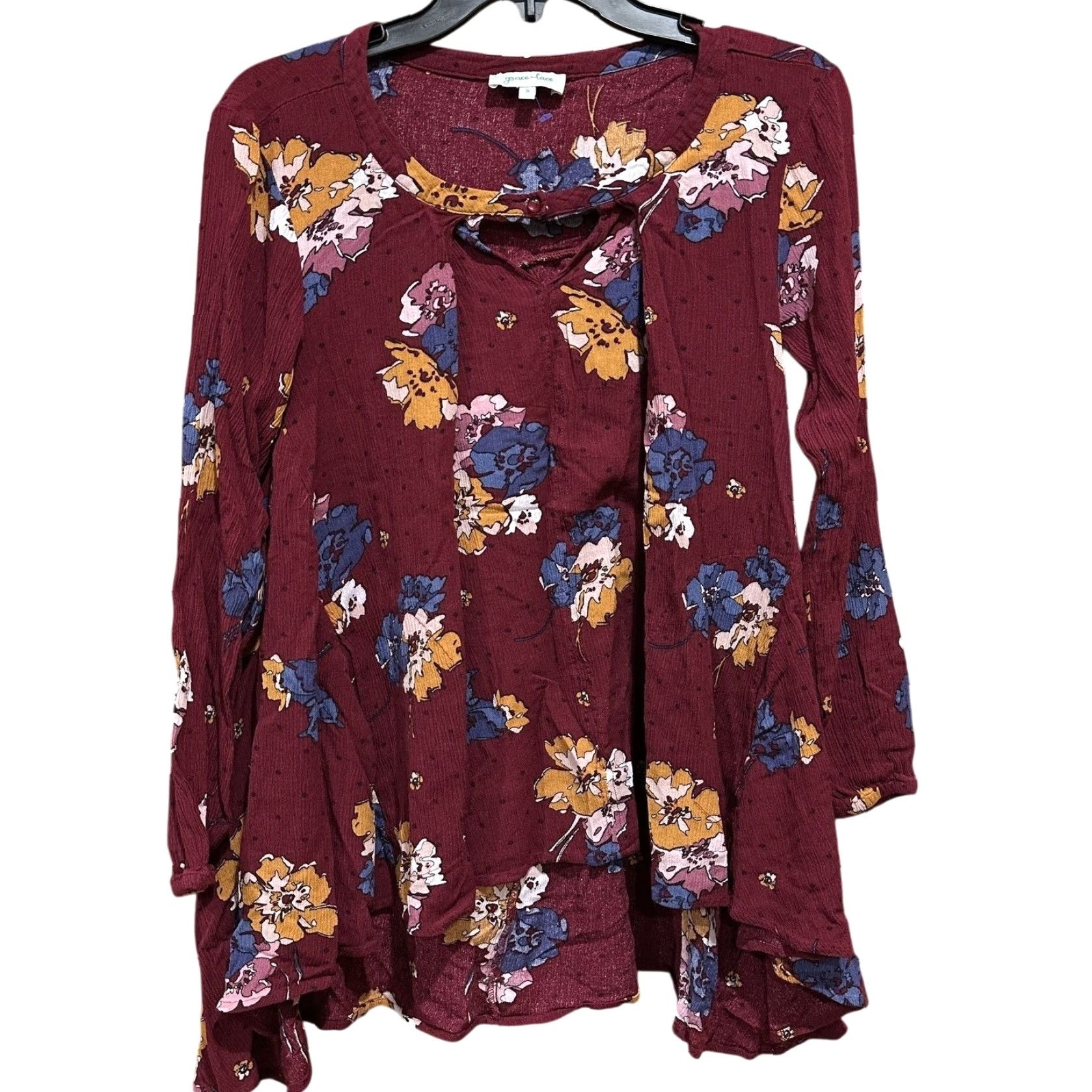 Vintage Grace Lace Blouse S Women Long Sleeve Floral Round Neck Boho Tunic Burgundy Red Orange Lightweight Ruffle Casual Womens Size S / US 4 / IT 40 - 2 Thumbnail