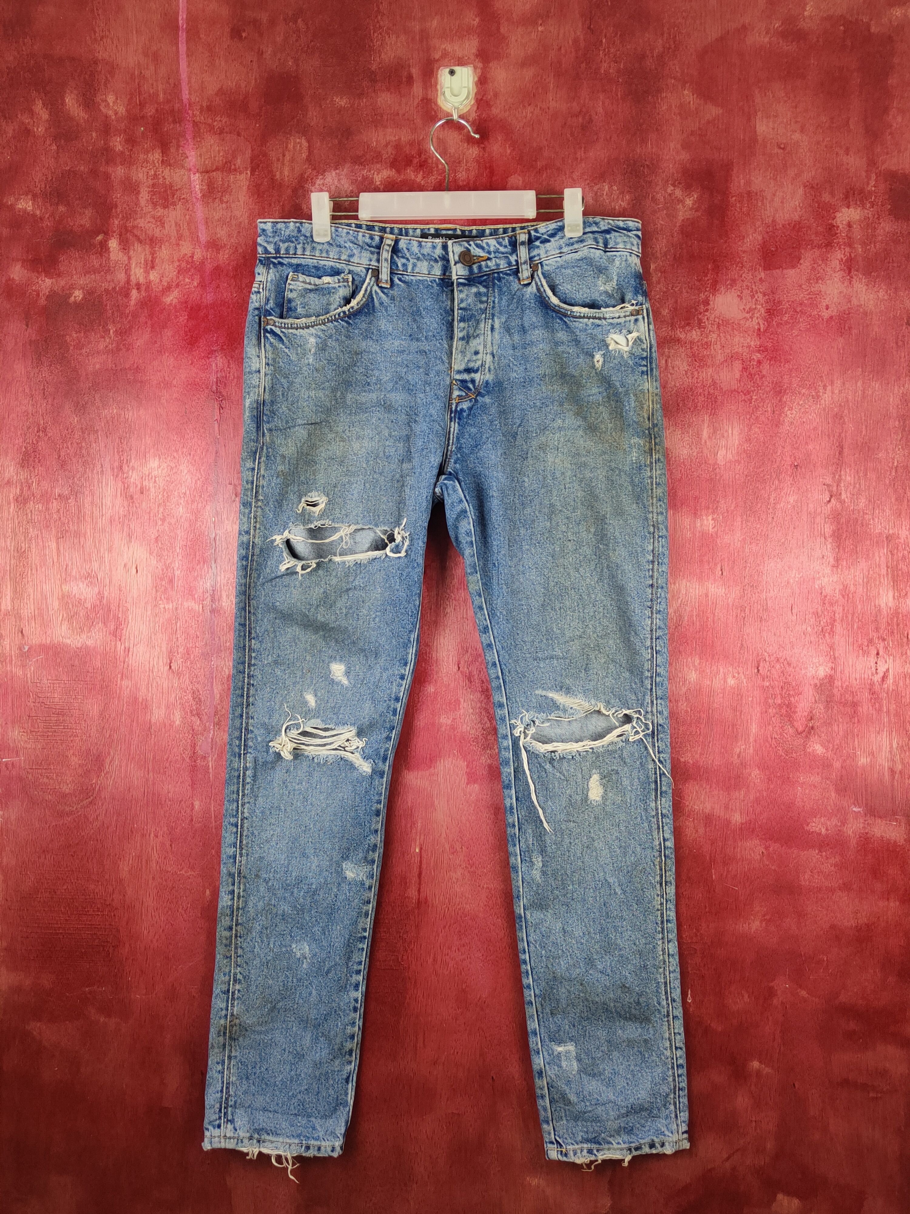 image of Bershka x Distressed Denim Beshka Blue Distressed Ripped Jeans S2356 in Blue Denim, Men's (Size 32)