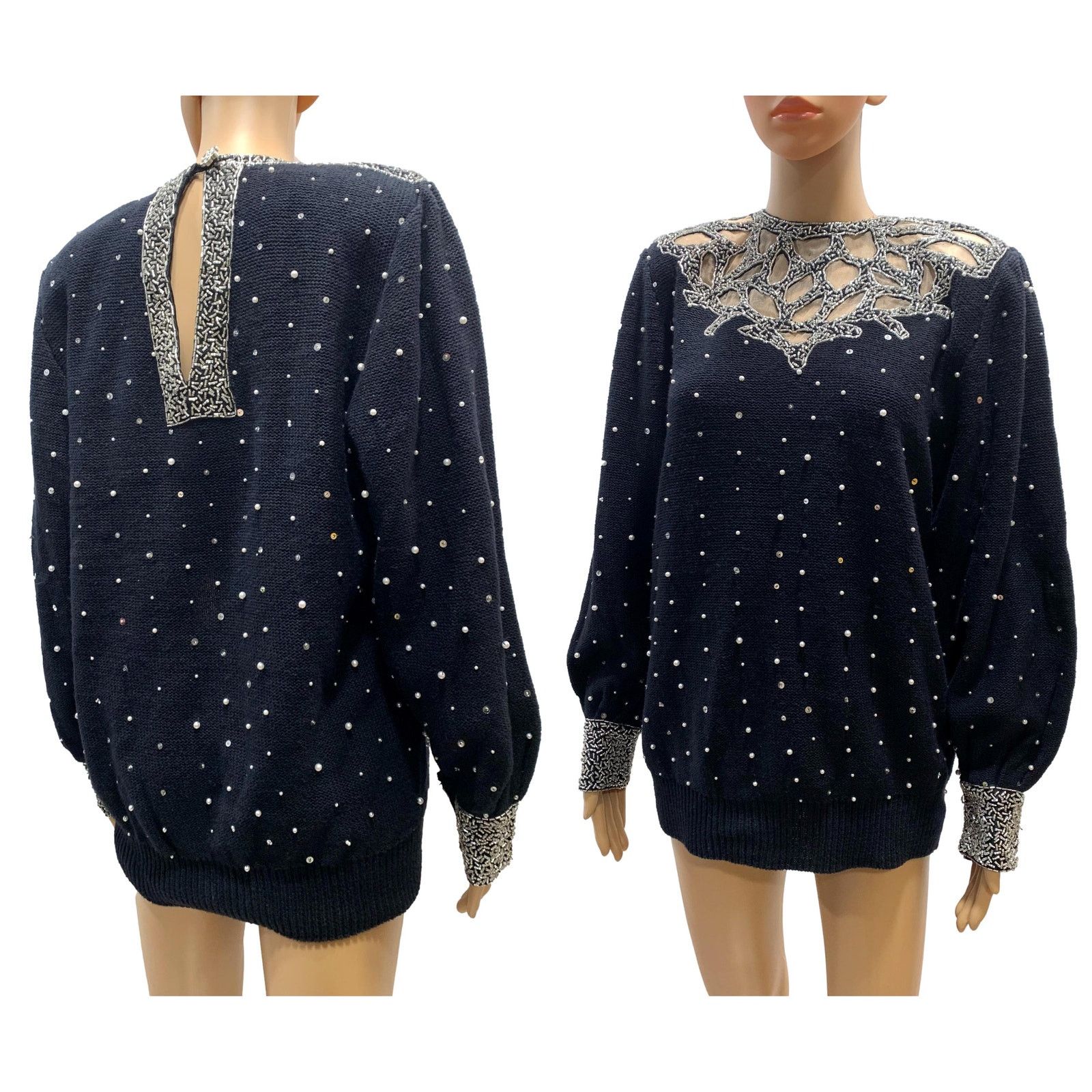 Vintage 80s Black Beaded Trophy Sweater w Pearls 1989 | S/M Size M / US 6-8 / IT 42-44 - 1 Thumbnail