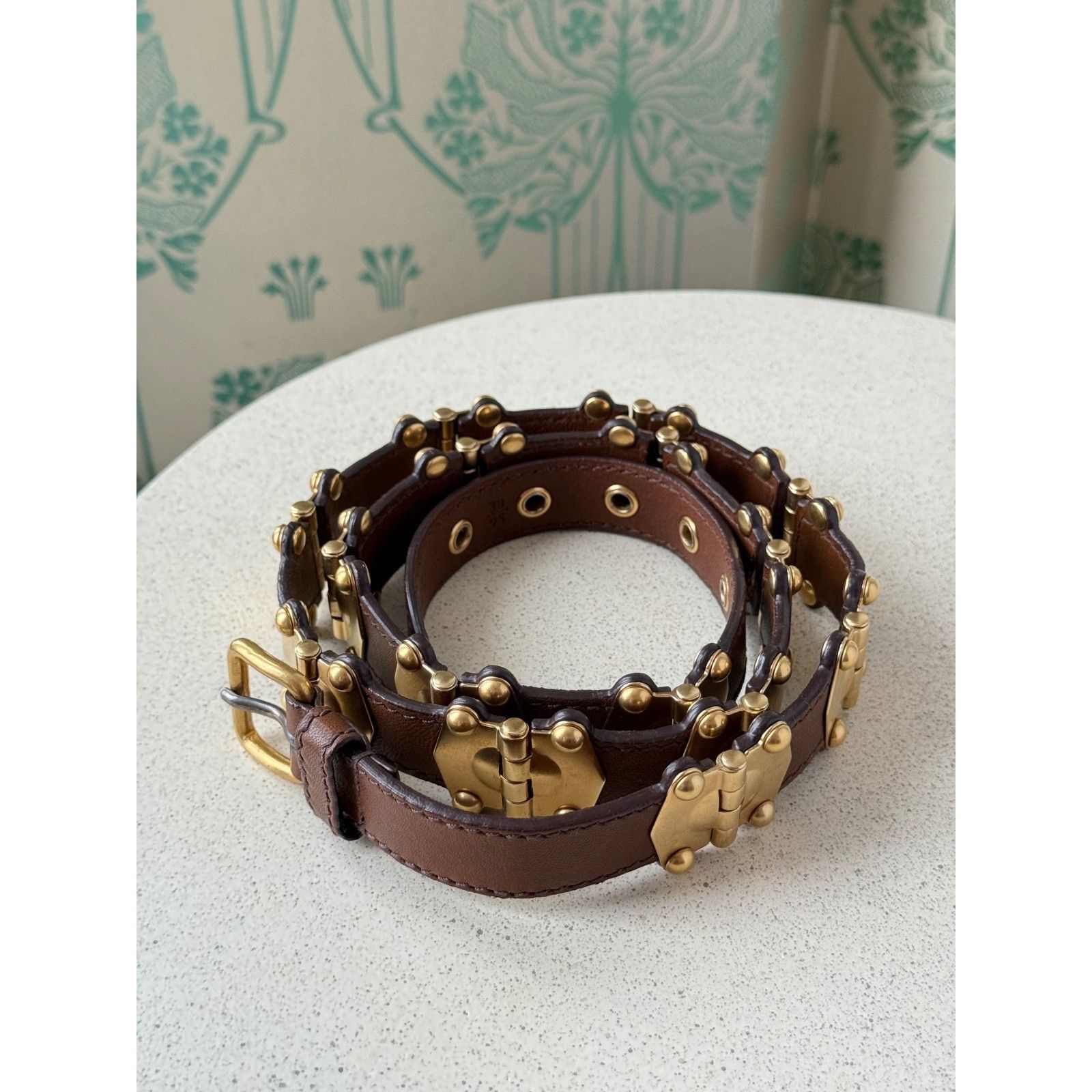 Miu Miu Miu Miu Leather Studded Grommet Buckle Brown Gold Belt 90/36 Size ONE SIZE - 2 Thumbnail