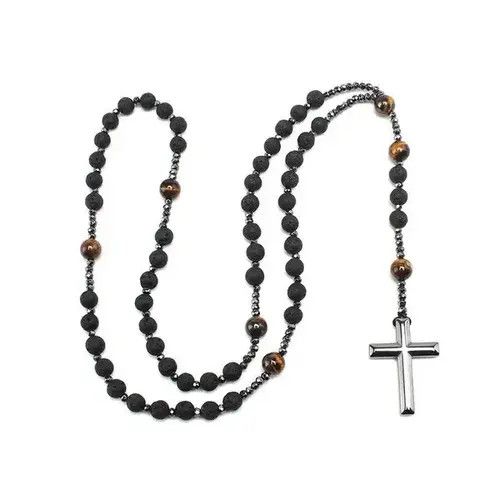 Vintage Natural Lava Stone Tiger-eye Hematite Cross Pendant Necklace Size ONE SIZE - 4 Thumbnail
