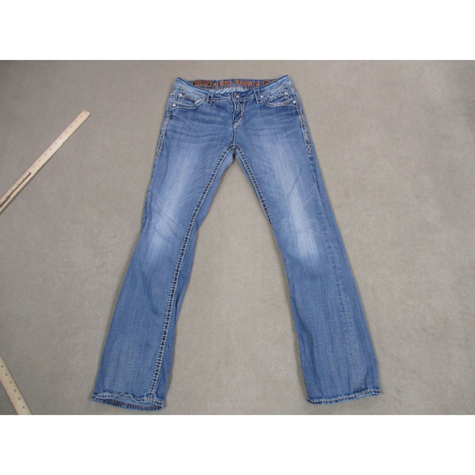 Vintage Rock Revival Jeans Womens 29 Blue Bootcut Medium Wash Rhinestones Logo Pockets Regular Denim Cotton Vintage No Size 29" - 4 Thumbnail