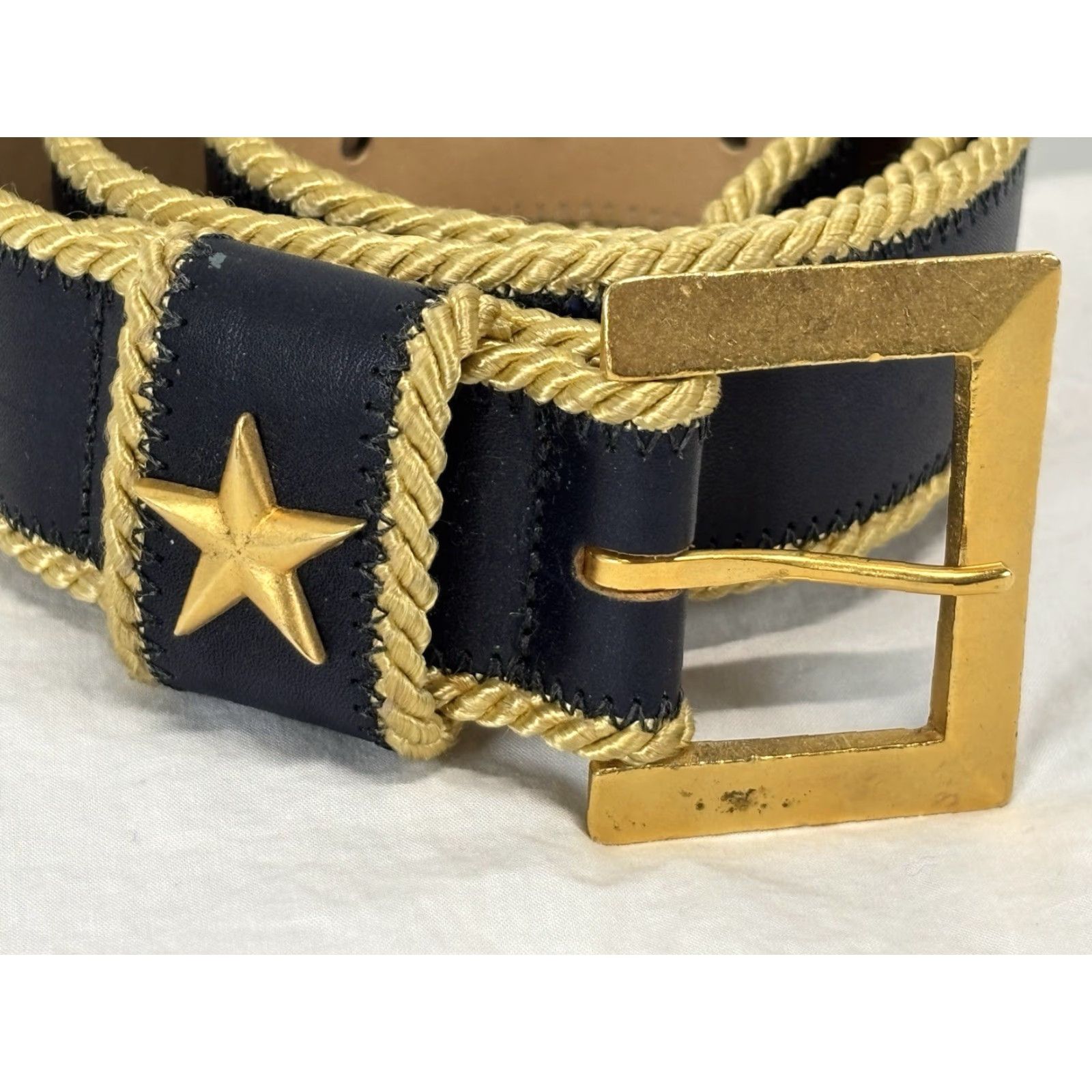 Vintage VINTAGE Joan & David Navy Calfskin Leather Belt Womens M 1.5” Gold Cord Trim Military Nautical 80s Mens Women Girls Size ONE SIZE - 2 Thumbnail