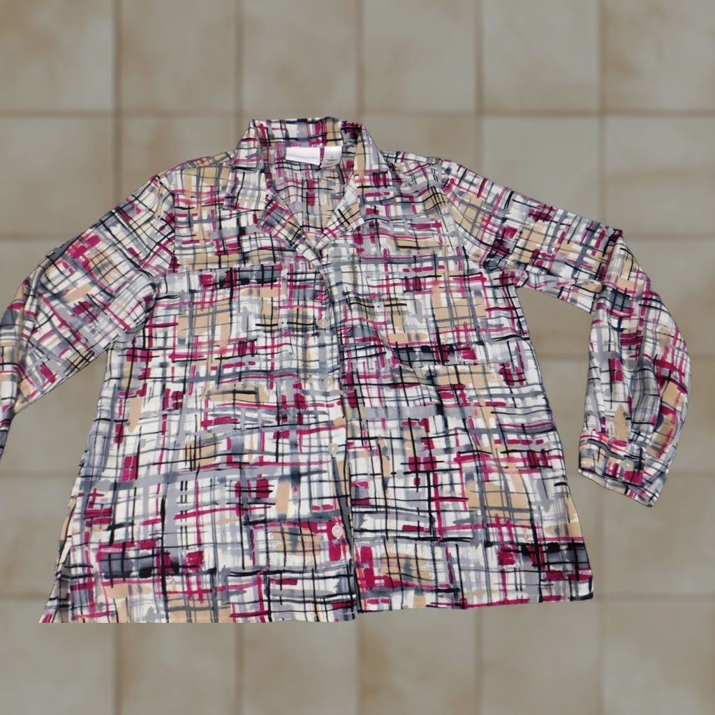 Vintage Alfred Dunner Button-Up Shirt Womens Red Plaid Long Sleeve Collared 10 Regular Down Polyester Stretch Size L / US 10 / IT 46 - 1 Thumbnail