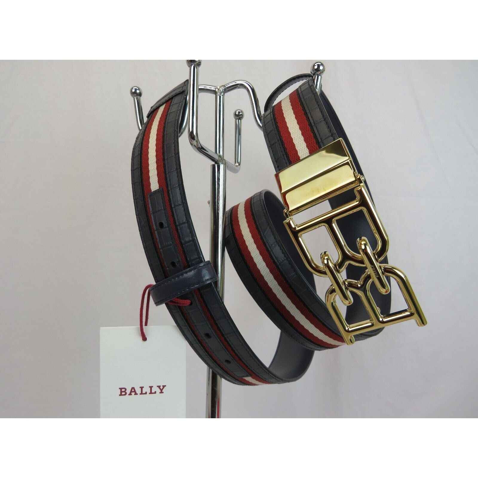 Bally B CHAIN BUCKLE ADJUSTABLE BLUE CROC LEATHER WEB BELT 110 44 Size 44 - 7 Thumbnail
