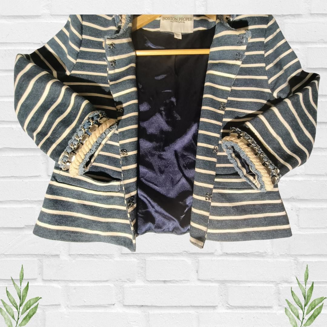 Designer Boston Proper Women's Striped Chain Jewel Blazer Size 8 Size M / US 6-8 / IT 42-44 - 5 Thumbnail