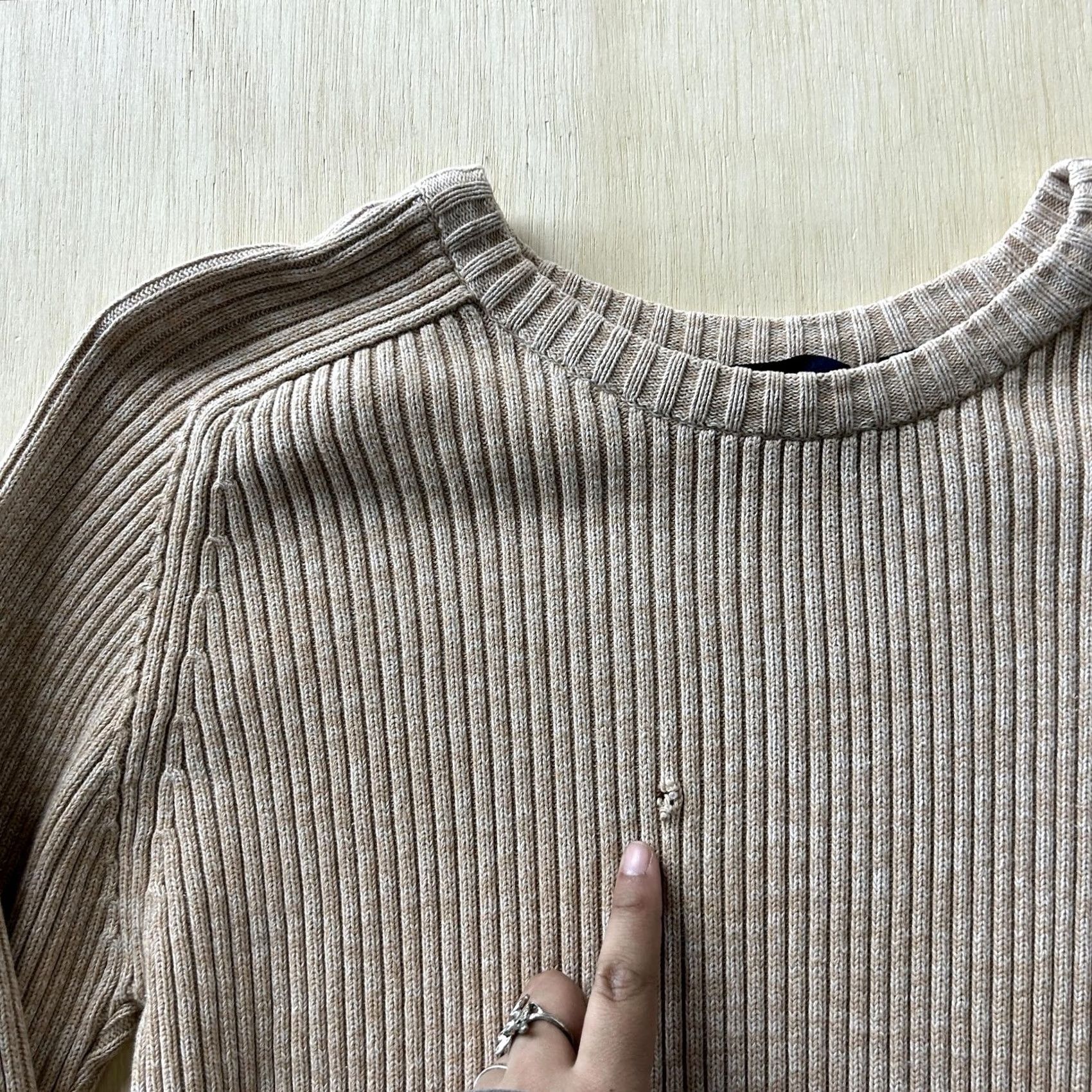 Vintage RUE JEANS Sweater Womens Large Beige Crew Neck Raglan Knit Ribbed 100% Cotton Pullover Casual Knit Shirt Size L / US 10 / IT 46 - 3 Thumbnail