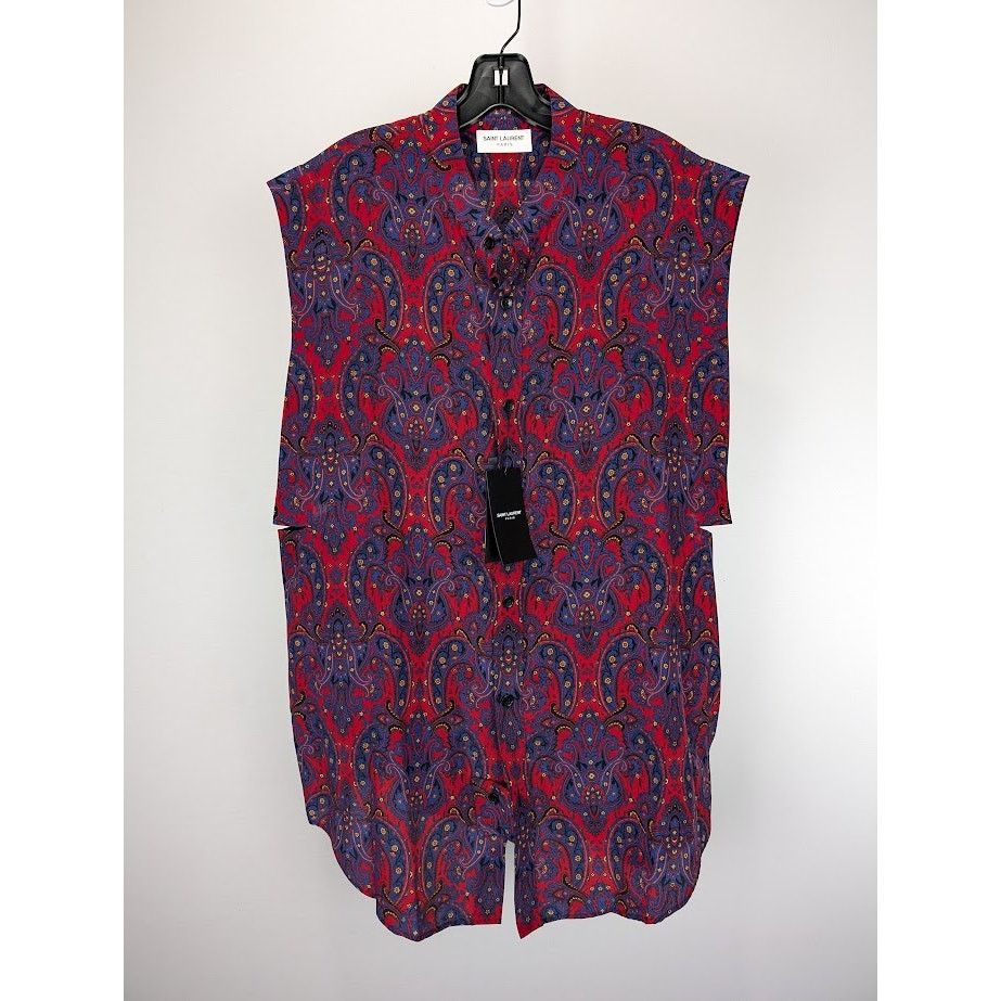 Saint Laurent Paris o1rshd1 Chemise Sans Manches Silk Sleeveless Shirt in Blue Size US L / EU 52-54 / 3 - 2 Thumbnail
