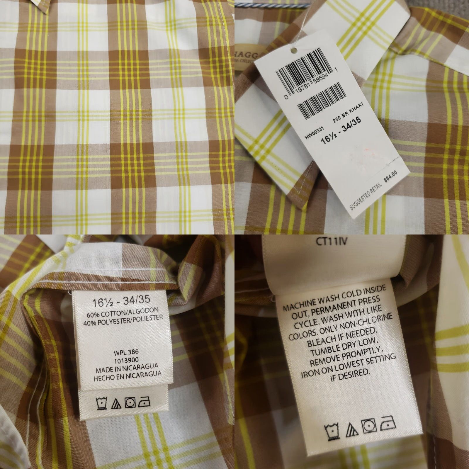 Haggar Haggar Button Down Shirt Mens Large 16 1/2 - 34/35 White Yellow Brown Plaid Size US L / EU 52-54 / 3 - 8 Thumbnail