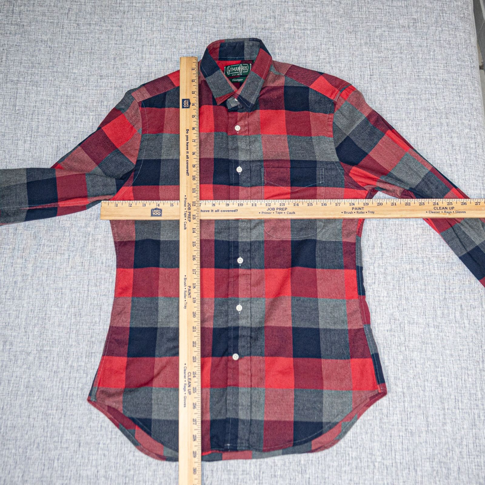 Gitman Bros Vintage Red Gray Check Flannel Shirt 100% Cotton