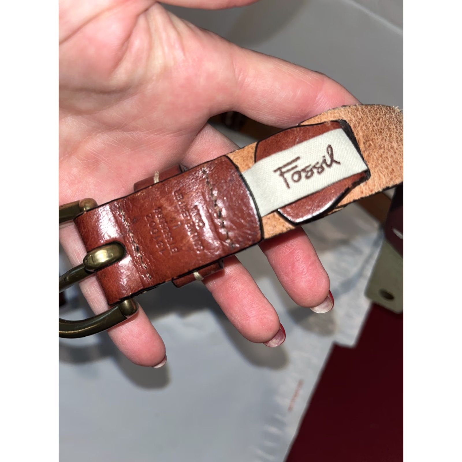 Fossil Fossil Belt Boho Leather Strap Chain Link Copper Buckle Festival 35-39” Tan Olive Size ONE SIZE - 3 Thumbnail