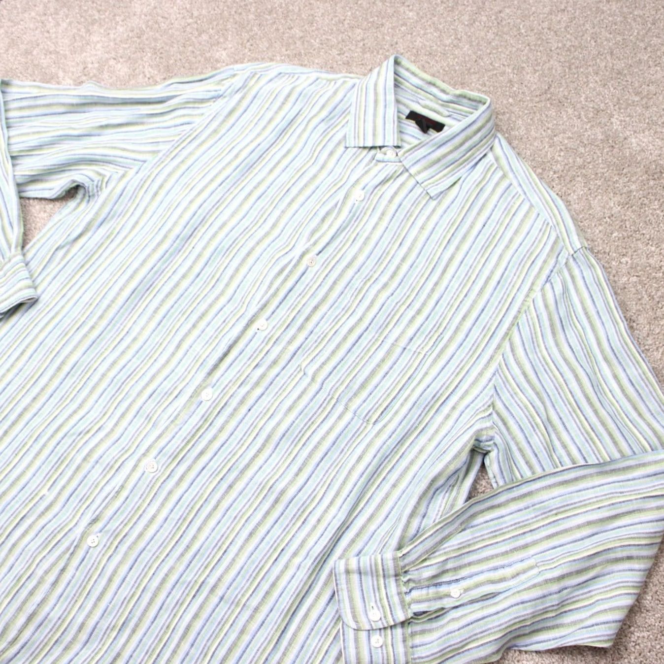 Express Express Shirt Mens XL Green/Blue Striped Long Sleeve Button-Up Irish Linen 90s Size US XL / EU 56 / 4 - 3 Thumbnail