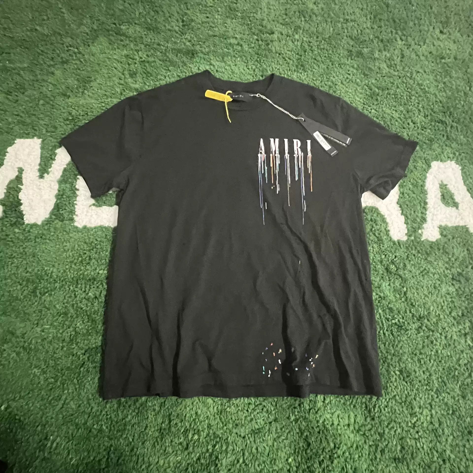 image of Amiri Splash Ink Fringe Rainbow Logo Short Sleeve in Black, Men's (Size Medium)