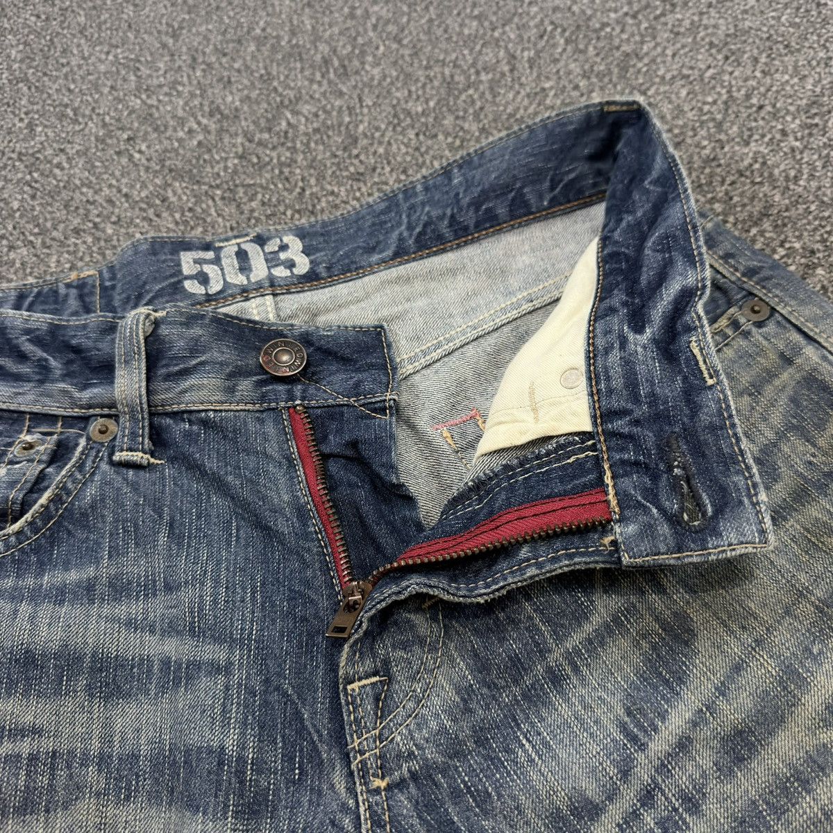 Seditionaries 🇯🇵 Vintage 90s Edwin 503 Blue Trip Distressed Splash Paint Size US 30 / EU 46 - 15 Thumbnail