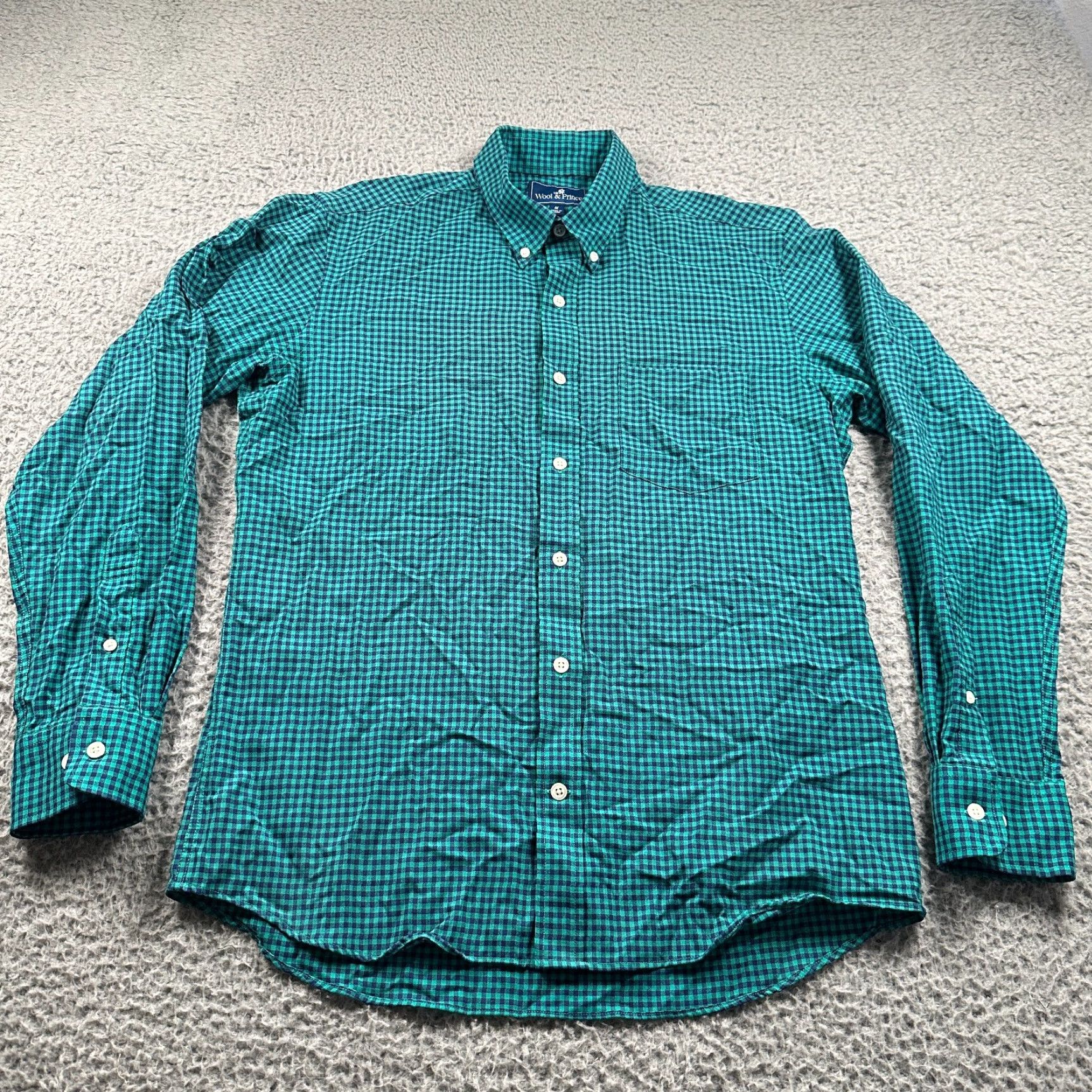 Wool & Prince Shirt Mens M Green Blue Check Long Sleeve Button Up 100% Wool