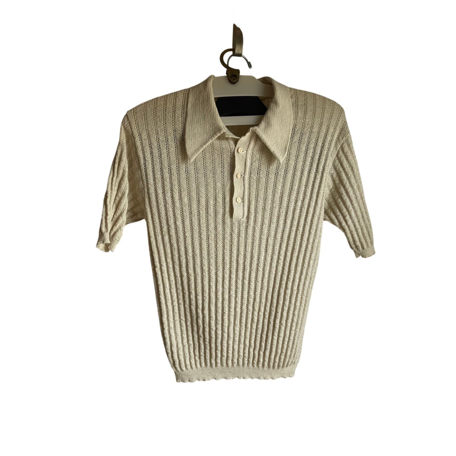 Vintage American Vintage 70s Pointelle Mesh Polo Ivory L Grandpacore Size US M / EU 48-50 / 2 - 2 Thumbnail
