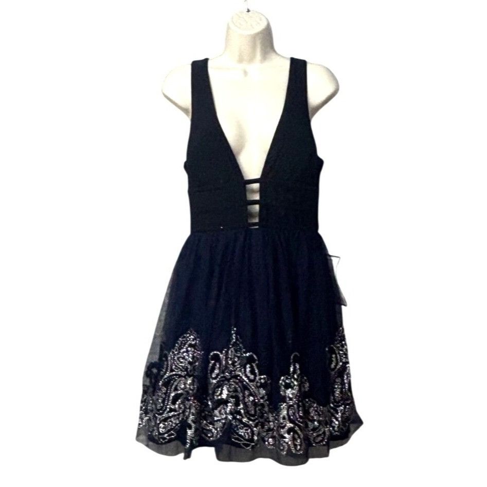 Other Blondies Nites Junior’s Fit and Flare Party Dress, Black/nav Size ONE SIZE - 4 Thumbnail
