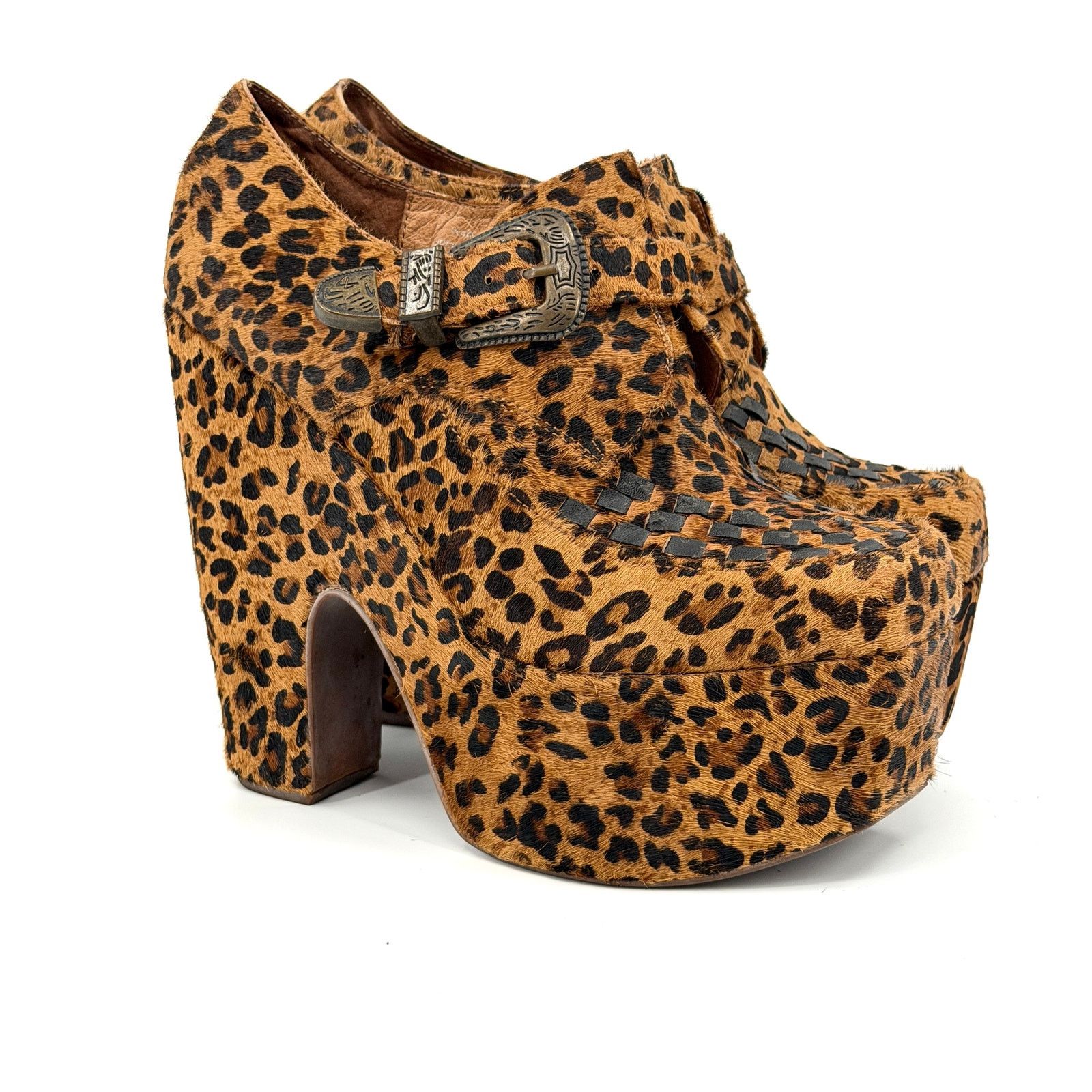 Leopard Genuine Leather Western Buckle Platform Loafers in Brown, Women's (Size 10)