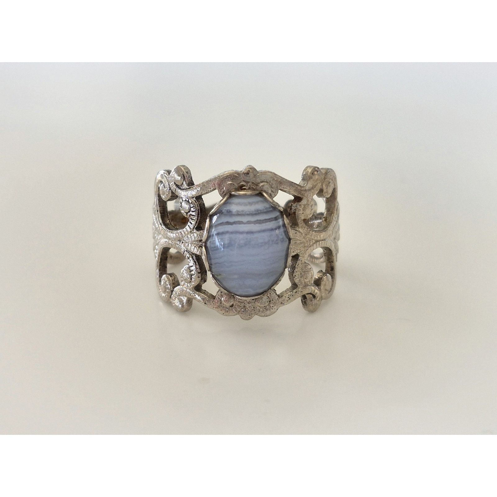 Other Vintage Blue Lace Agate Silver tone Filigree Ring Size ONE SIZE - 1 Thumbnail