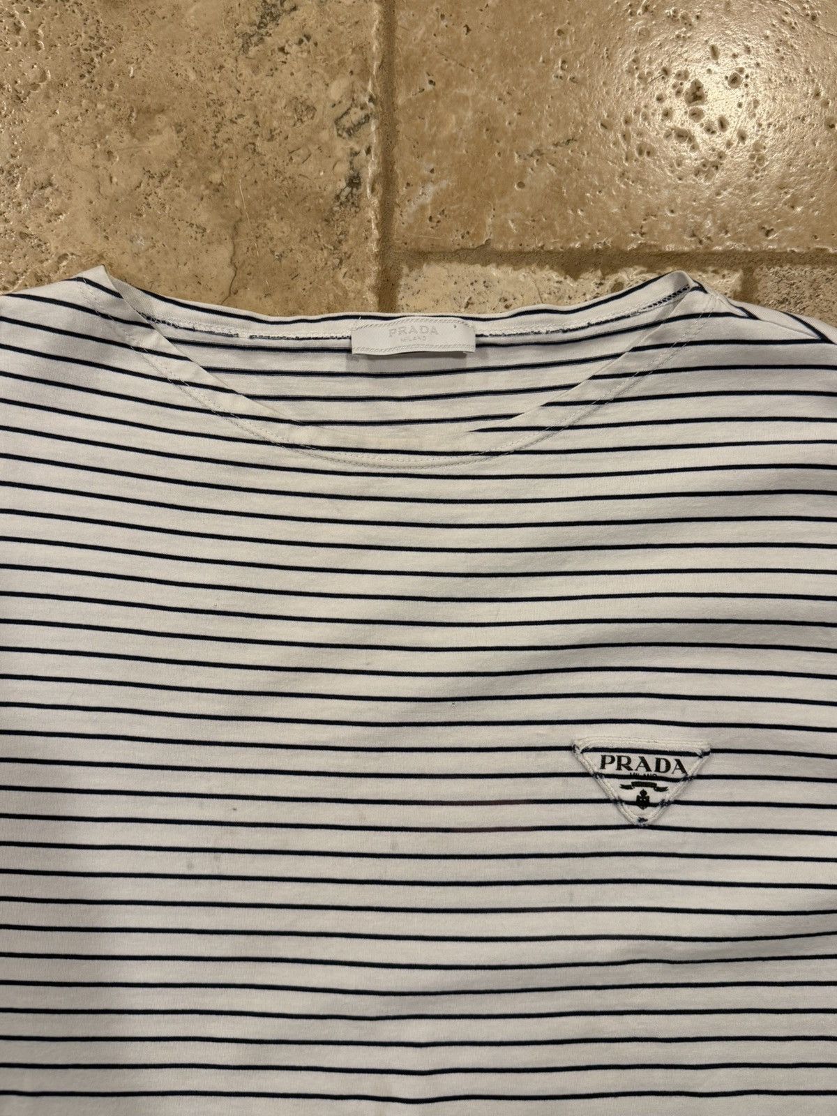 Prada Prada Striped Navy White Cotton Triangle Logo T-Shirt Size US XXL / EU 58 / 5 - 8 Thumbnail