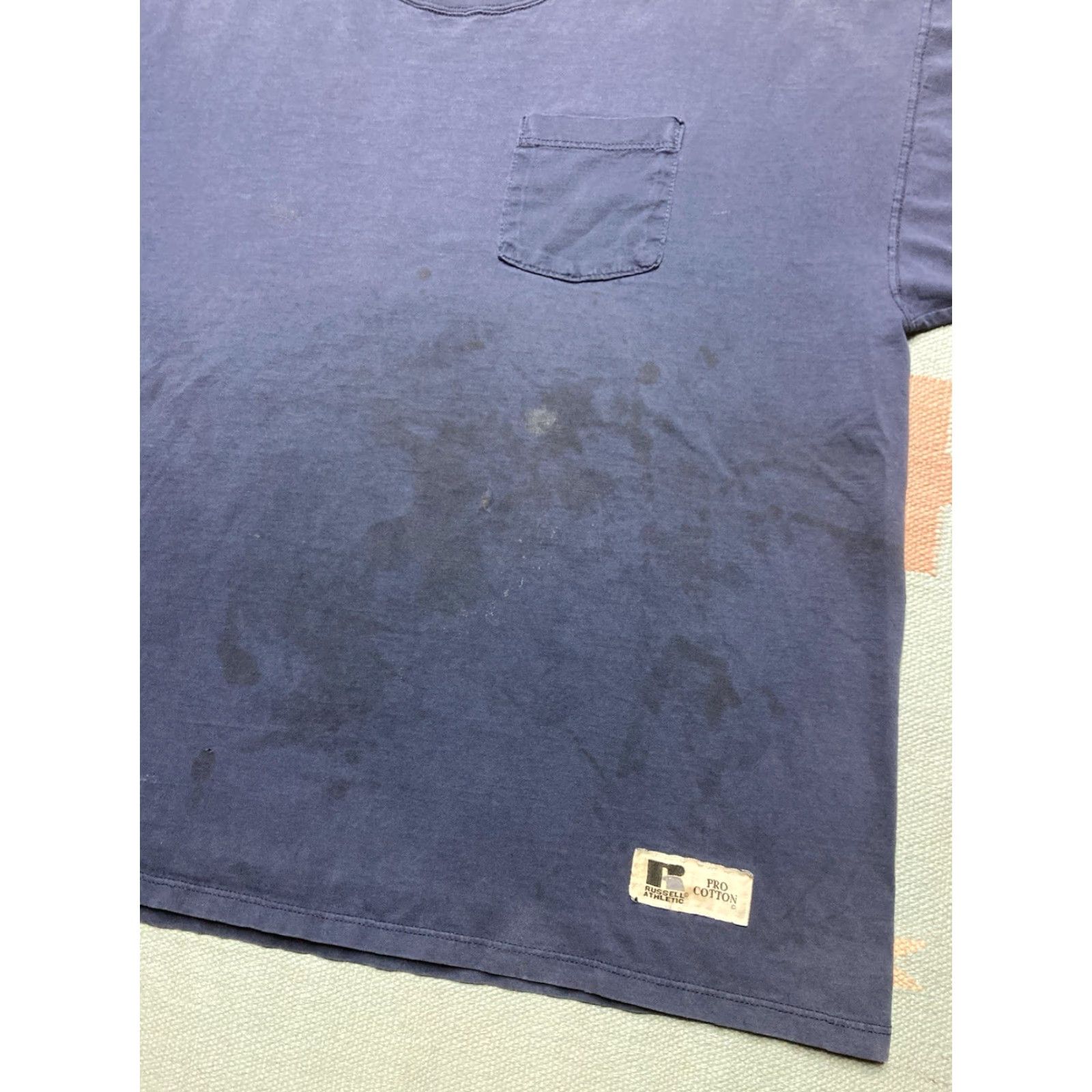 Russell Athletic VINTAGE Russell Athletic Pocket T Shirt Men XL Blue Grunge Cotton Boxy | Pockets | 27” Pit to Pit | 30” Length Size US XL / EU 56 / 4 - 2 Thumbnail