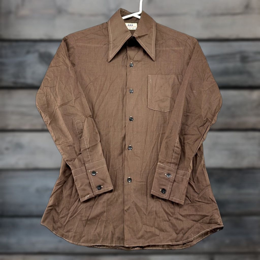 Vintage VINTAGE 555 Spearpoint Collar Shirt Mens Small Brown Button Long Sleeve 70s 90s Dagger Cotton Regular Pocket Size US M / EU 48-50 / 2 - 1 Thumbnail
