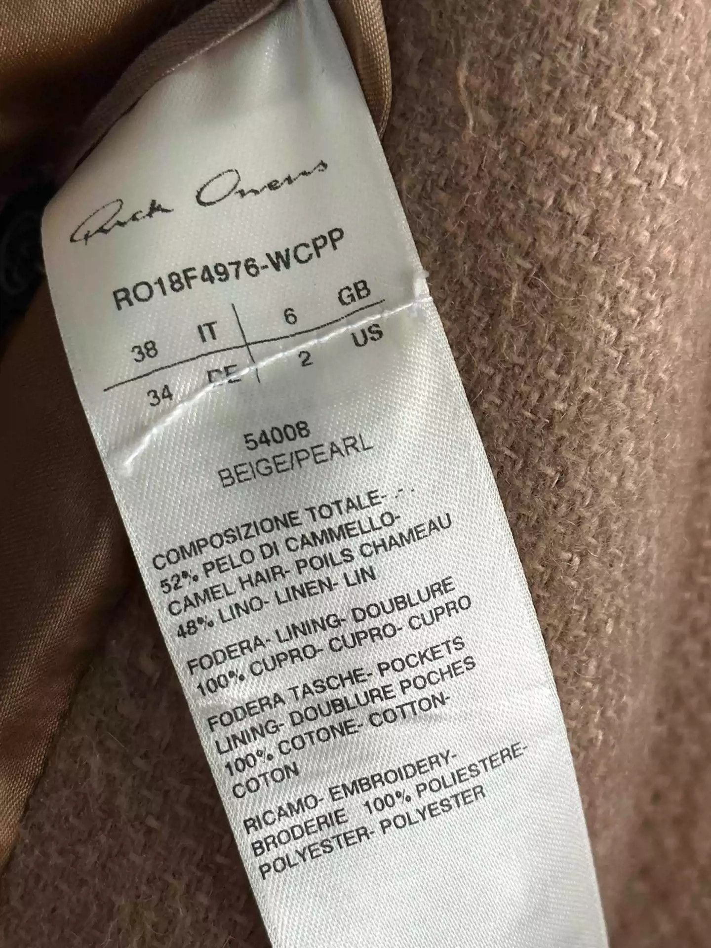 Rick Owens Rick Owens mainline 18aw camel hair linen blended woolen co Size US M / EU 48-50 / 2 - 7 Thumbnail