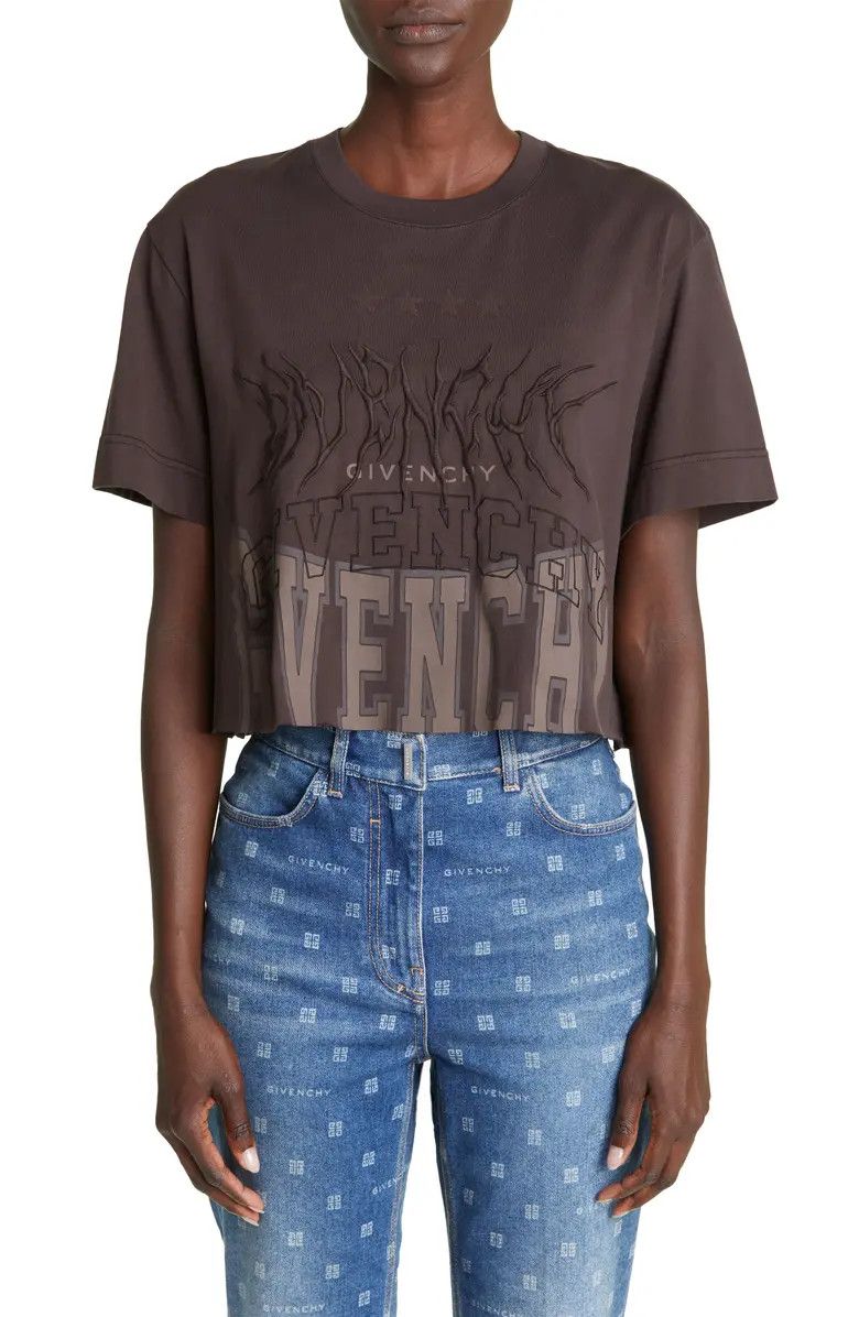 Givenchy Brown Embroidered Multi Logo Cropped T-Shirt Size L / US 10 / IT 46 - 2 Thumbnail