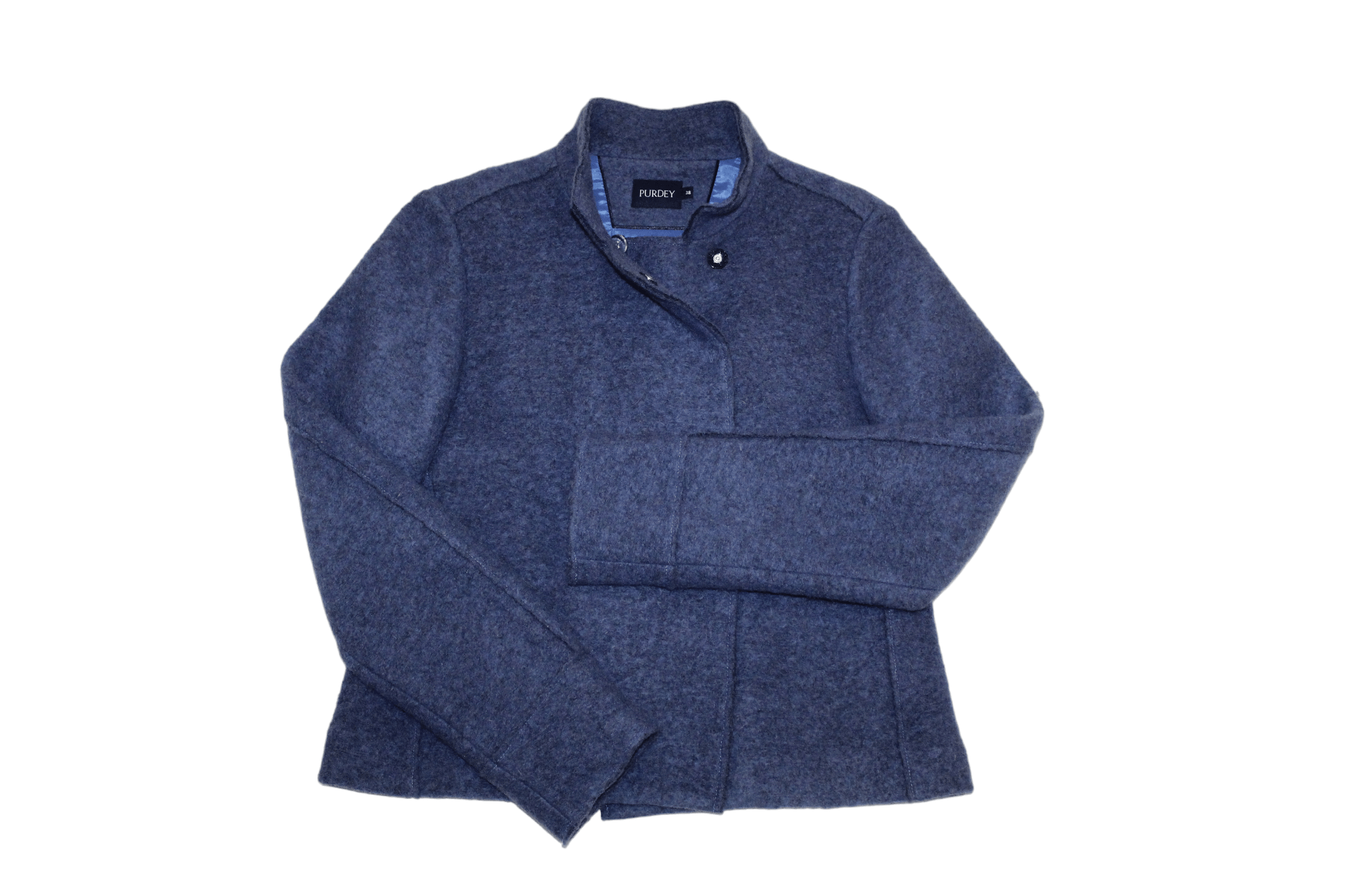 image of Designer Purdey Snap Buttons Wooven Brushed Wool-Blend Short Jacket in Blue, Women's (Size Small)