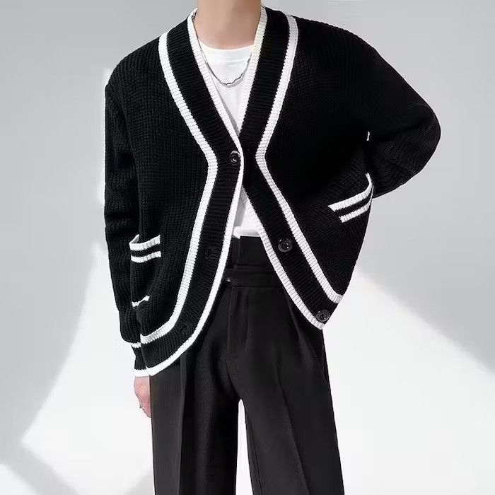 image of Vintage Patterned Knit V Neck Cardigan Sweater in Black, Men's (Size Medium)