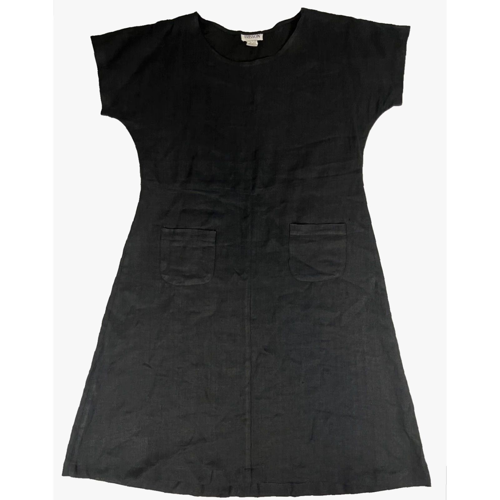 Vintage VINTAGE Frisson Women's Linen Midi Dress Short Sleeve Made in USA Sz L Black Pockets 90s Bohemian A-Line Casual Modern Classics Size 36" / US 14 / IT 50 - 3 Thumbnail