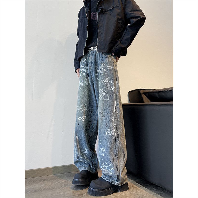 Japanese Brand Retro loose wide leg graffiti printed jeans Size US 30 / EU 46 - 3 Thumbnail